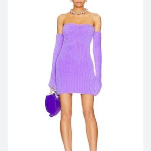 NWT Off-White Purple Lilac Fuzzy Ribbed Bodycon Dress Gloves Italy 36 US 0